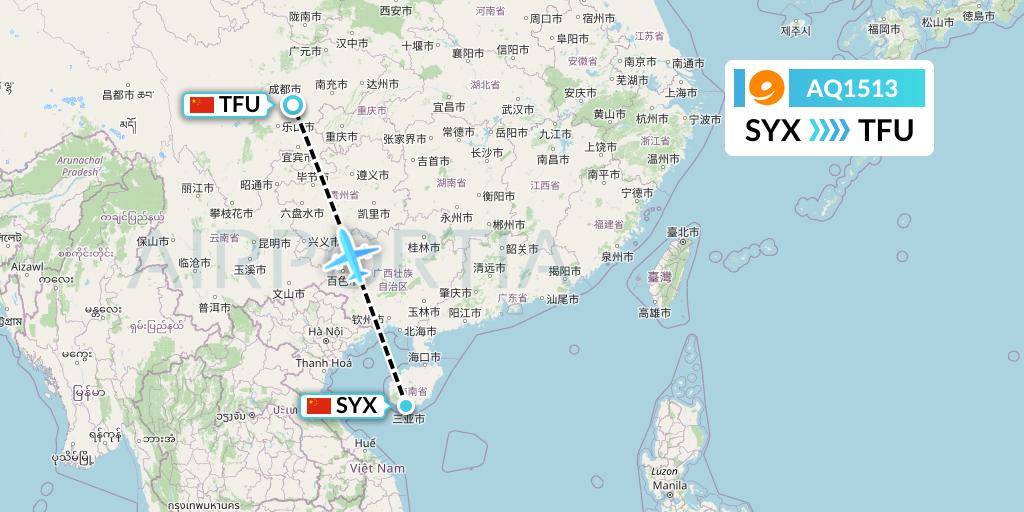 AQ1513 9 Air Flight Map: Sanya to Chengdu
