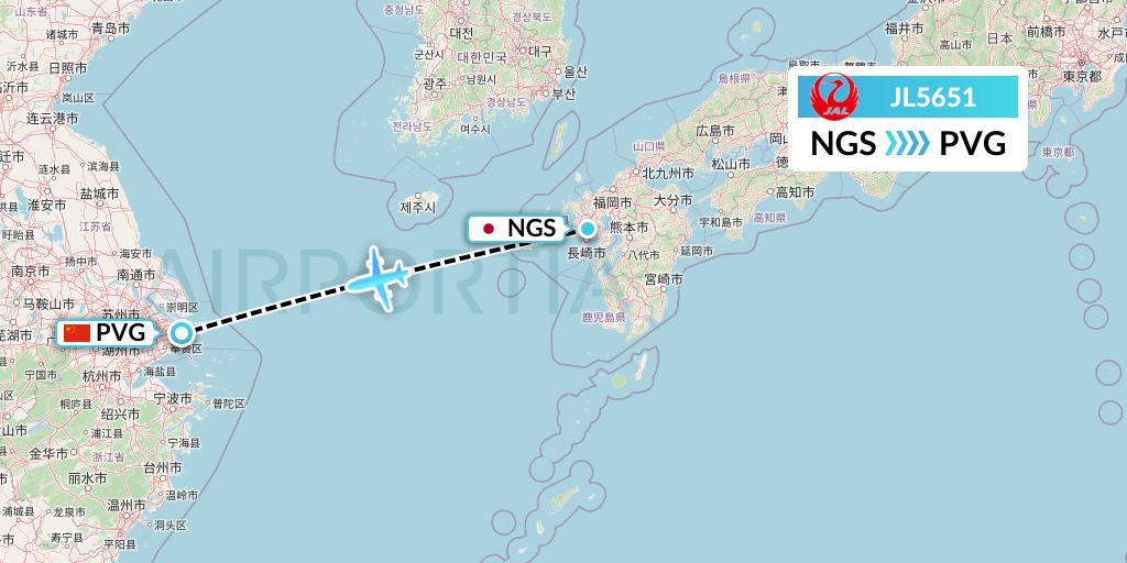 JL5651 Japan Airlines Flight Map: Nagasaki to Shanghai