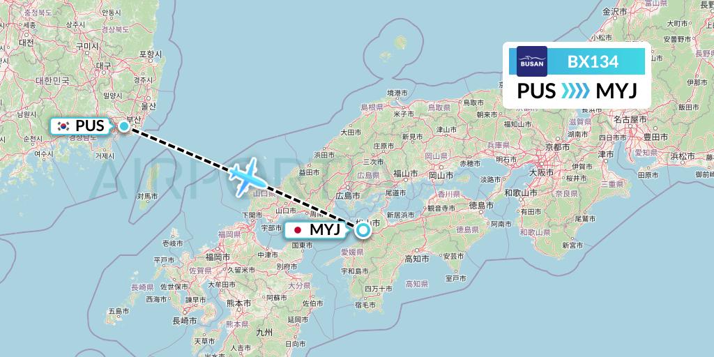 BX134 Air Busan Flight Map: Busan to Matsuyama