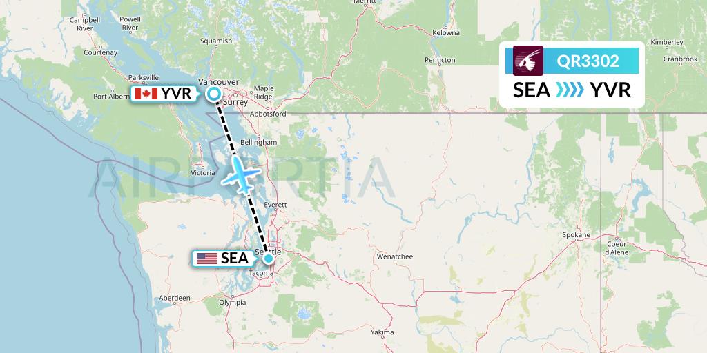 QR3302 Qatar Airways Flight Map: Seattle to Vancouver