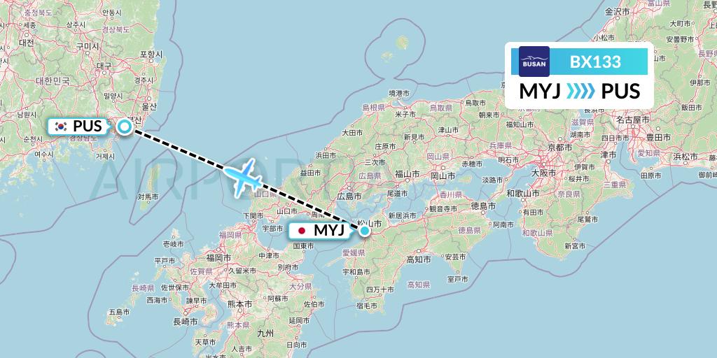 BX133 Air Busan Flight Map: Matsuyama to Busan