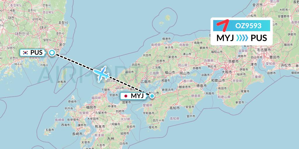 OZ9593 Asiana Airlines Flight Map: Matsuyama to Busan