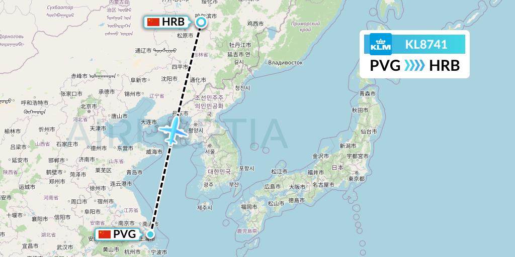KL8741 KLM Flight Map: Shanghai to Harbin