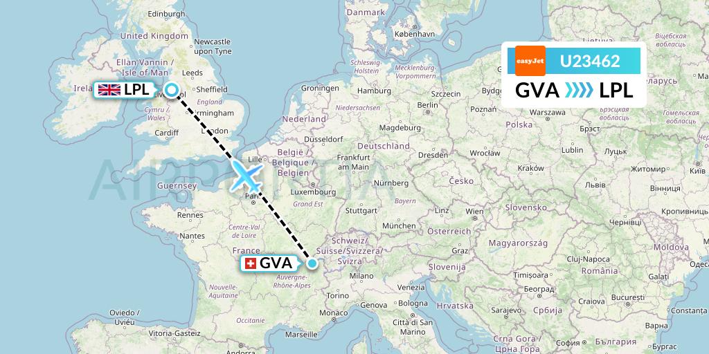 U23462 EasyJet Flight Map: Geneva to Liverpool