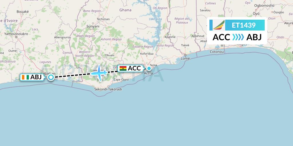 ET1439 Ethiopian Airlines Flight Map: Accra to Abidjan