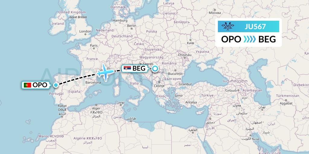 JU567 AirSERBIA Flight Map: Porto to Belgrade