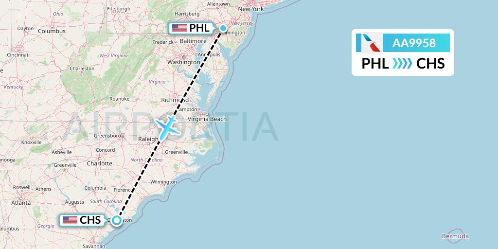 AA9958 American Airlines Flight Map: Philadelphia to Charleston