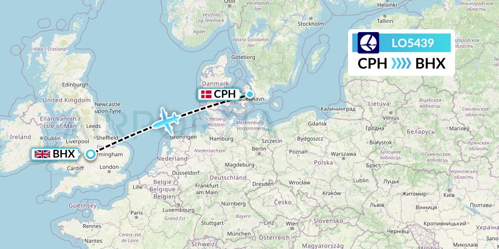LO5439 LOT Flight Map: Copenhagen to Birmingham