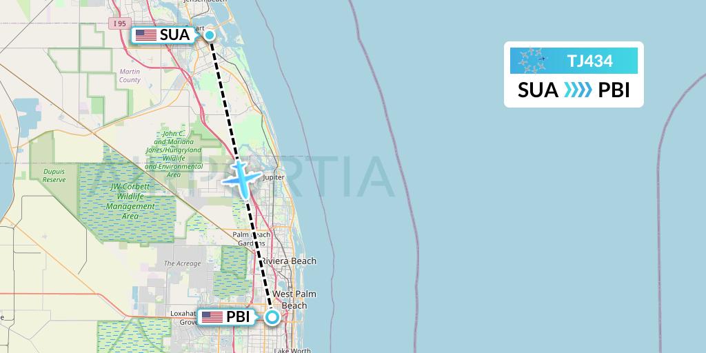 TJ434 Tradewind Aviation Flight Map: Stuart to West Palm Beach