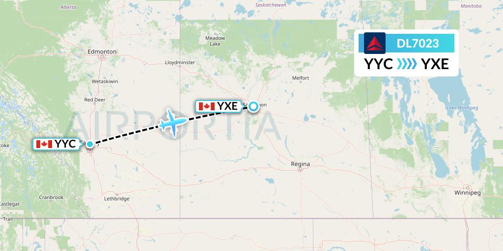 DL7023 Delta Air Lines Flight Map: Calgary to Saskatoon