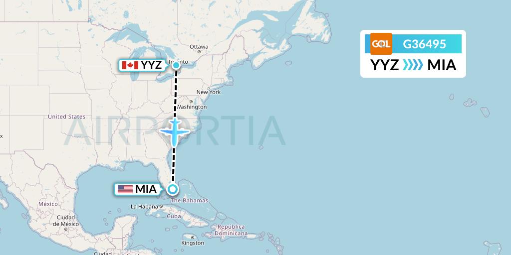 G36495 GOL Transportes Aeros Flight Map: Toronto to Miami