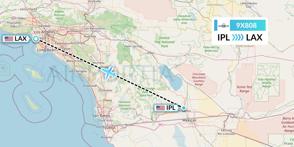 9X808 Southern Airways Express Flight Map: Imperial to Los Angeles