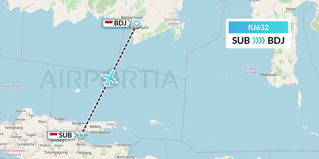 IU632 Pt. Super Air Jet Flight Map: Surabaya to Banjarmasin