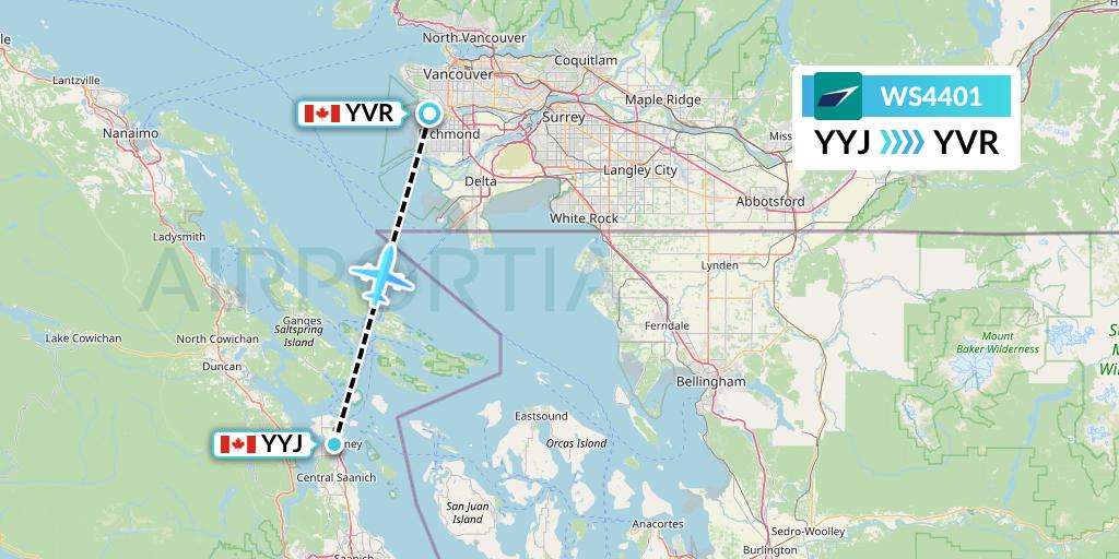 WS4401 WestJet Flight Map: Victoria to Vancouver