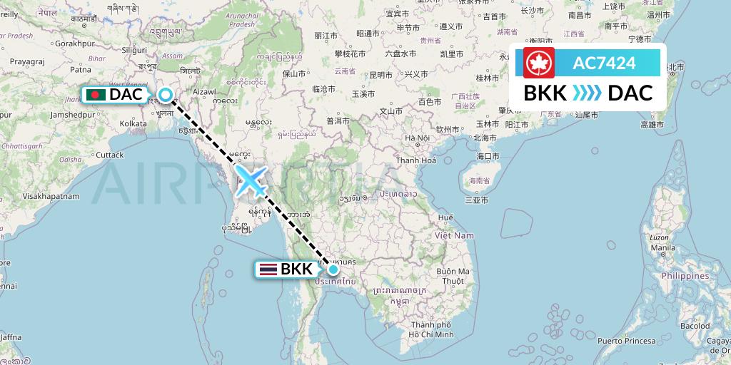 AC7424 Air Canada Flight Map: Bangkok to Dhaka