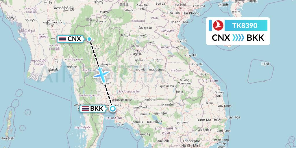TK8390 Turkish Airlines Flight Map: Chiang Mai to Bangkok