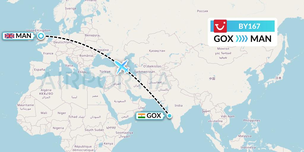 BY167 TUI Airways Flight Map: Goa to Manchester