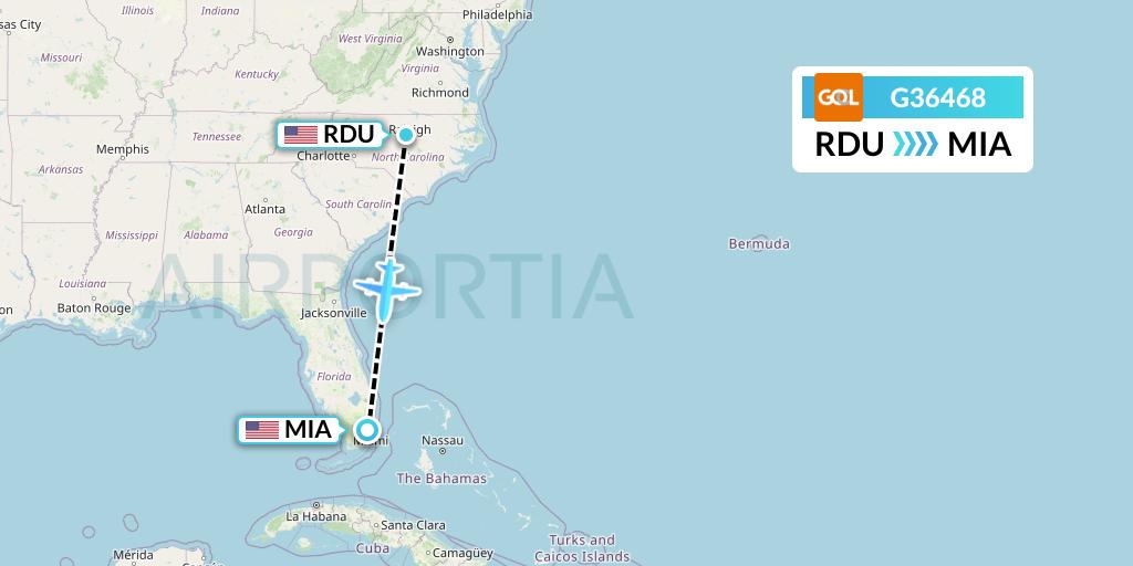 G36468 GOL Transportes Aeros Flight Map: Raleigh-Durham to Miami