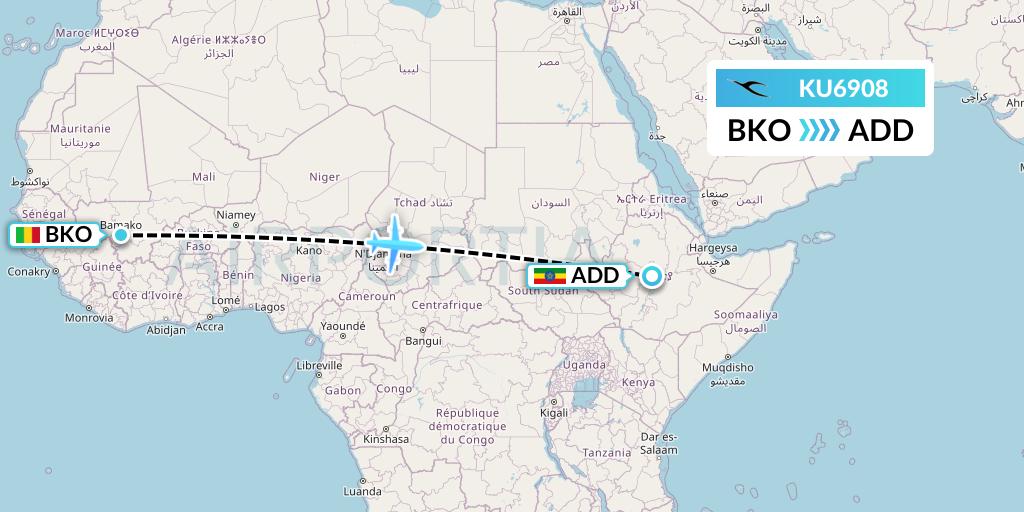 KU6908 Kuwait Airways Flight Map: Bamako to Addis Ababa