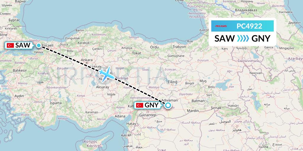 PC4922 Pegasus Airlines Flight Map: Istanbul to Sanliurfa