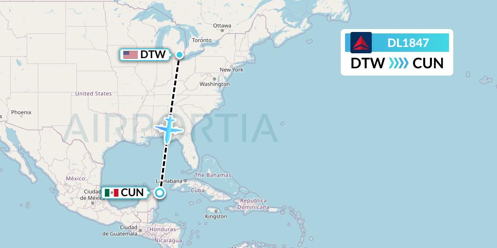 DL1847 Delta Air Lines Flight Map: Detroit to Cancun