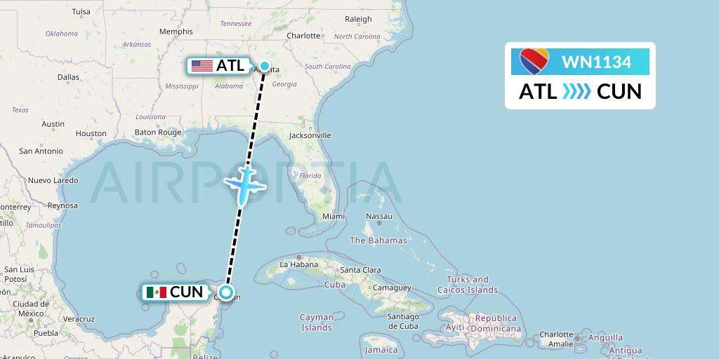WN1134 Southwest Airlines Flight Map: Atlanta to Cancun