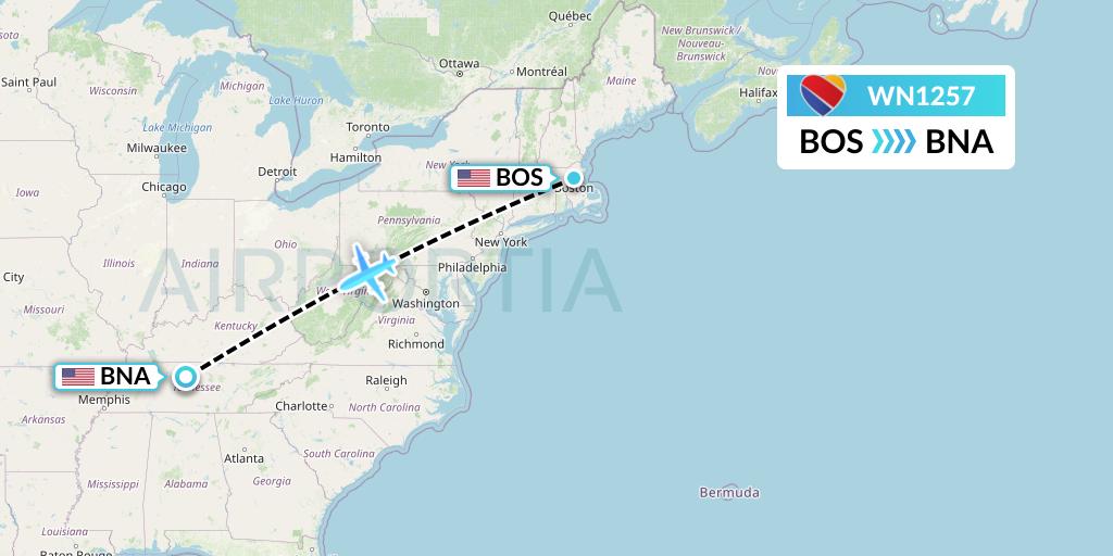 WN1257 Southwest Airlines Flight Map: Boston to Nashville