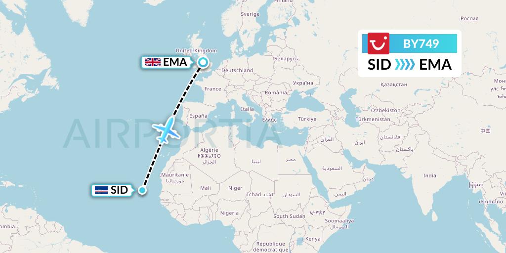 BY749 TUI Airways Flight Map: Espargos to East Midlands