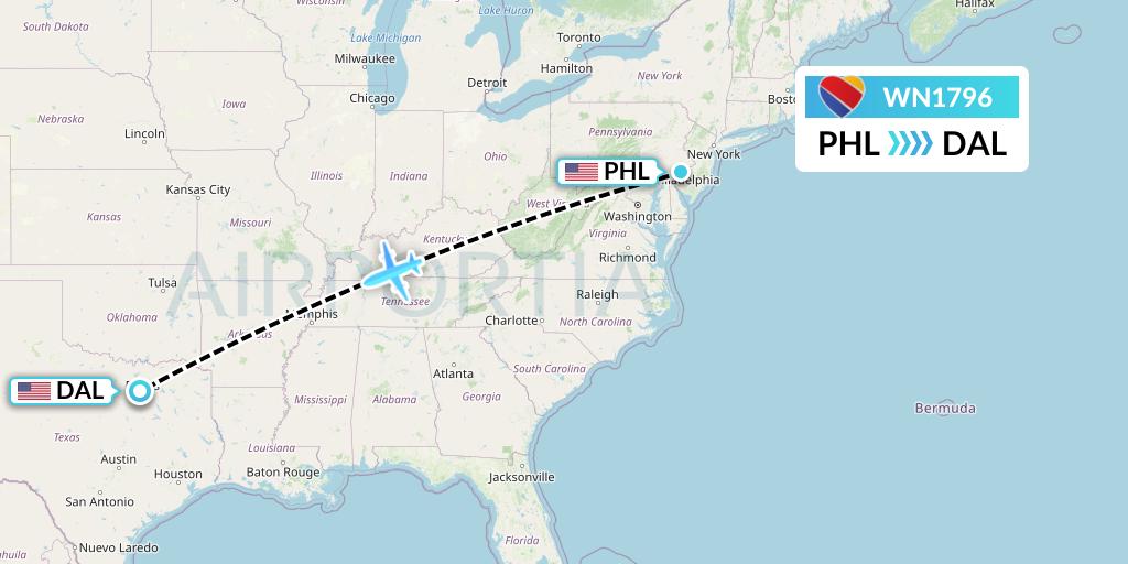 WN1796 Southwest Airlines Flight Map: Philadelphia to Dallas