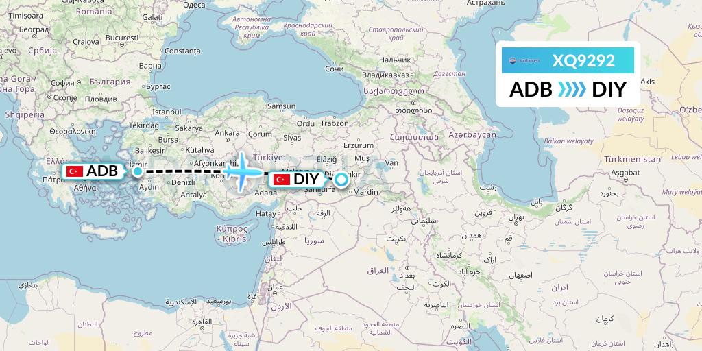 XQ9292 SunExpress Flight Map: Izmir to Diyarbakir