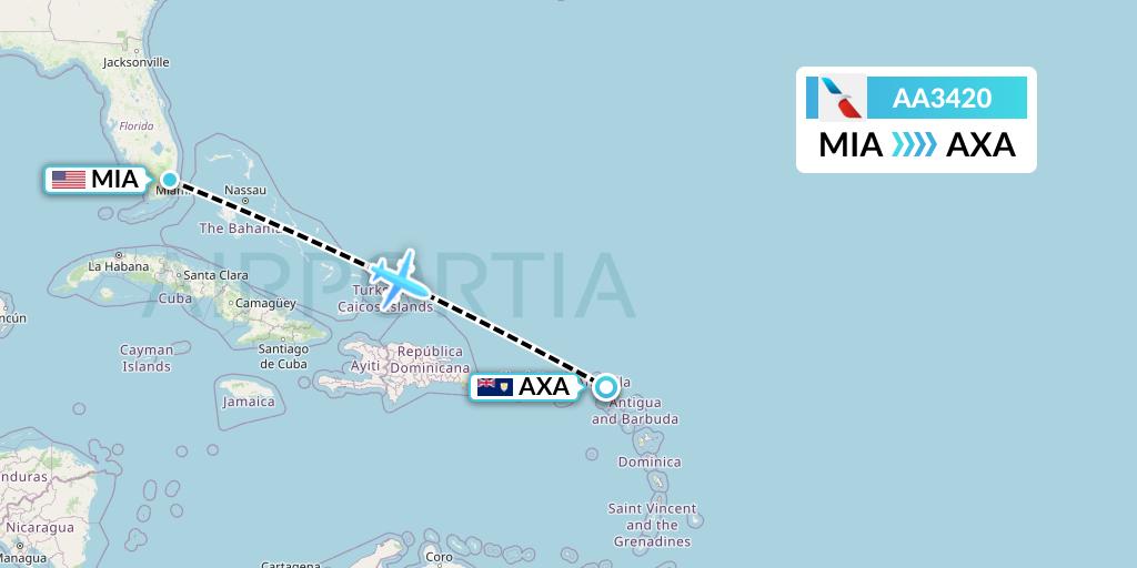 AA3420 American Airlines Flight Map: Miami to The Valley