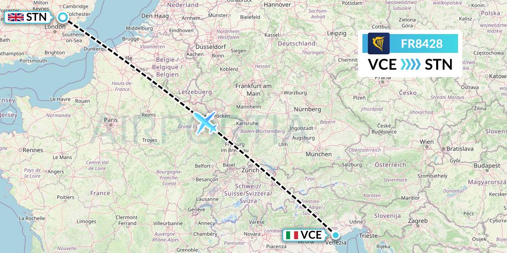 FR8428 Ryanair Flight Map: Venice to London