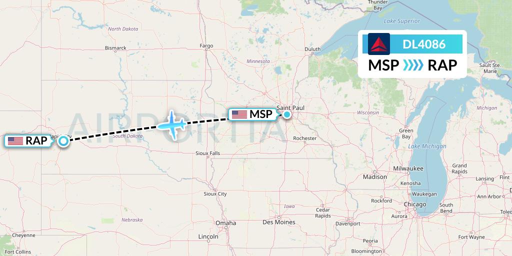DL4086 Delta Air Lines Flight Map: Minneapolis to Rapid City