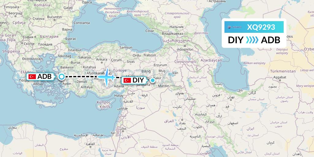 XQ9293 SunExpress Flight Map: Diyarbakir to Izmir