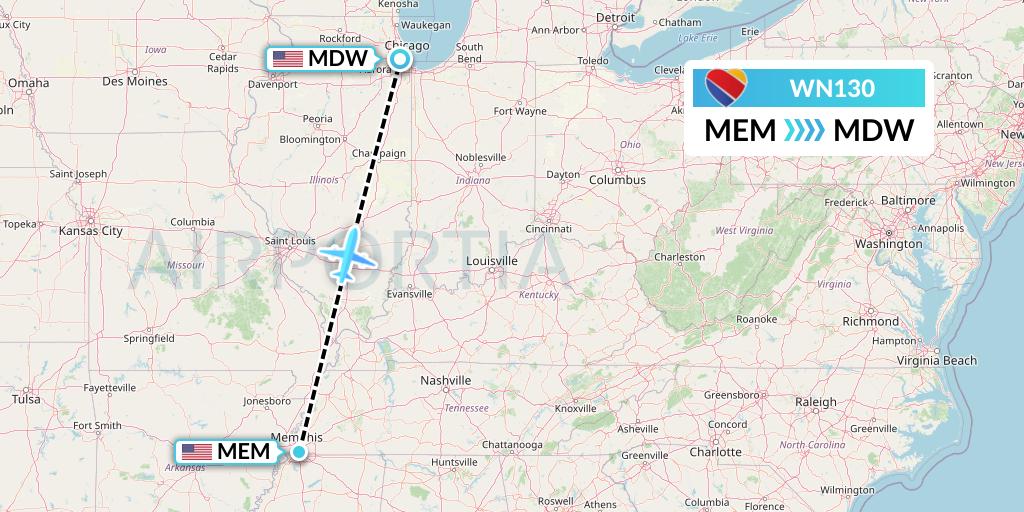 WN130 Southwest Airlines Flight Map: Memphis to Chicago