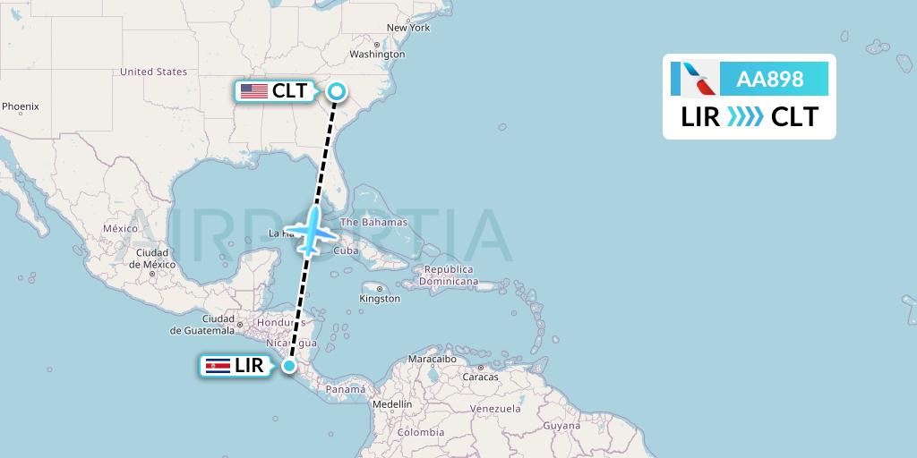 AA898 American Airlines Flight Map: Liberia to Charlotte