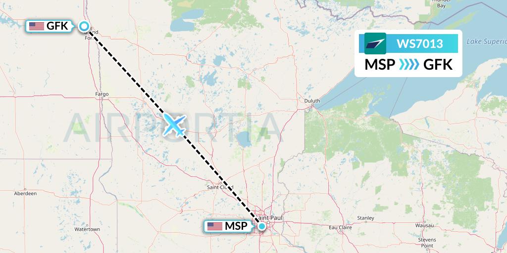 WS7013 WestJet Flight Map: Minneapolis to Grand Forks