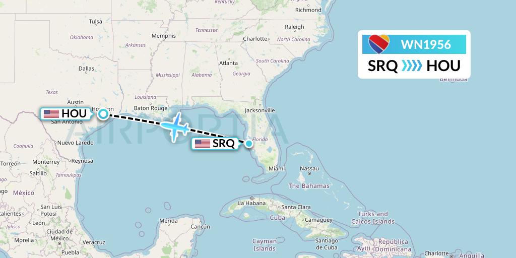 WN1956 Southwest Airlines Flight Map: Sarasota to Houston