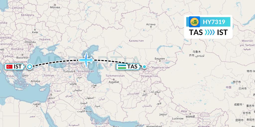 HY7319 Uzbekistan Airways Flight Map: Tashkent to Istanbul