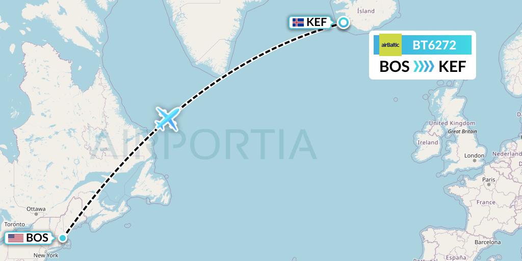 BT6272 Air Baltic Flight Map: Boston to Reykjavik