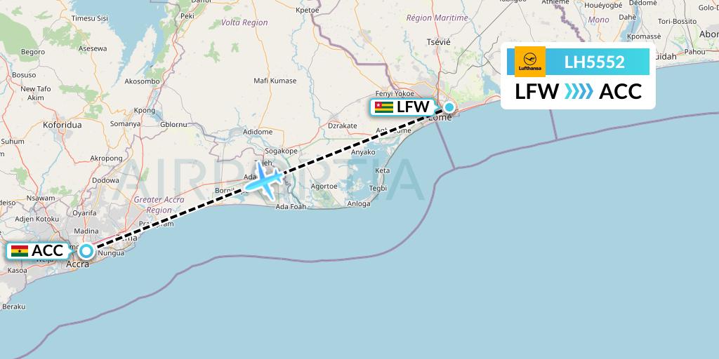 LH5552 Lufthansa Flight Map: Lome to Accra