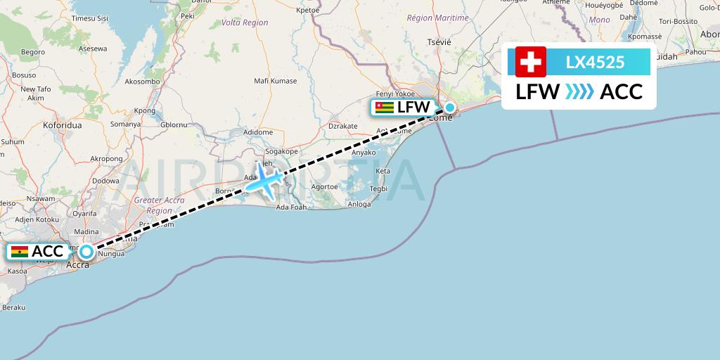 LX4525 Swiss Flight Map: Lome to Accra