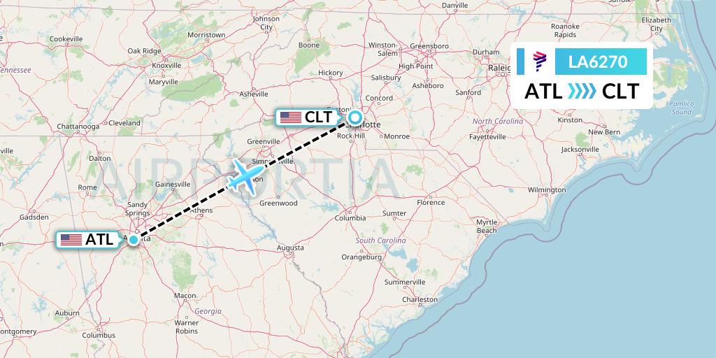 LA6270 LAN Airlines Flight Map: Atlanta to Charlotte
