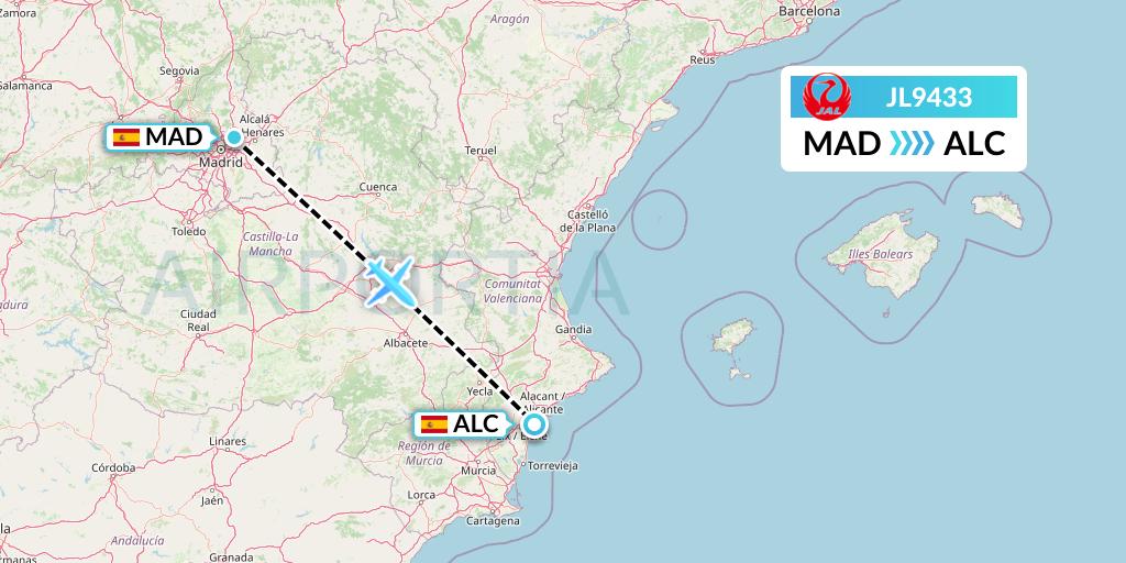 JL9433 Japan Airlines Flight Map: Madrid to Alicante
