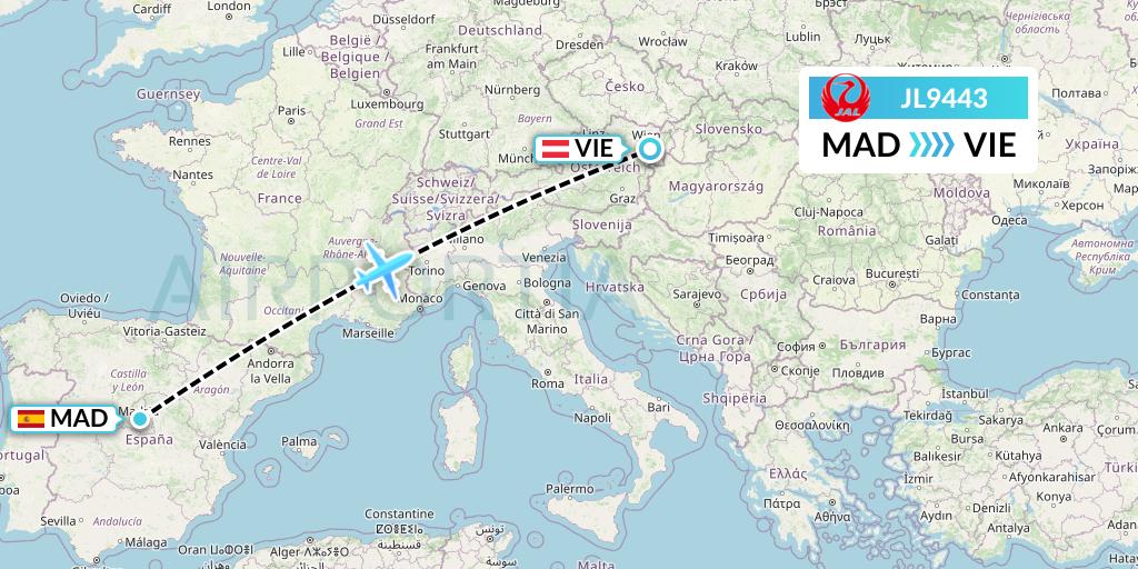 JL9443 Japan Airlines Flight Map: Madrid to Vienna