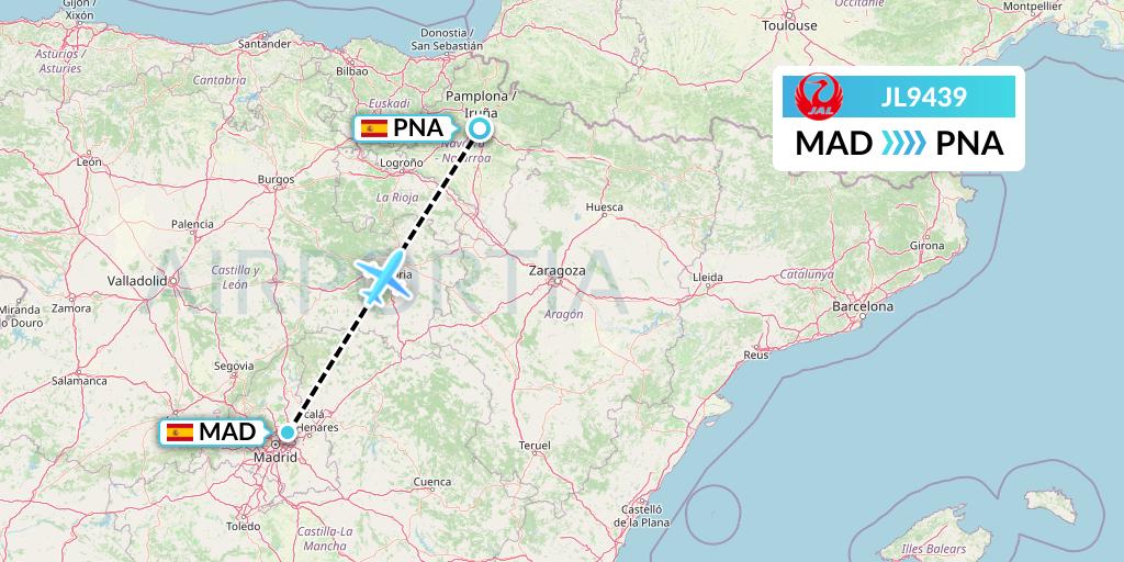 JL9439 Japan Airlines Flight Map: Madrid to Pamplona