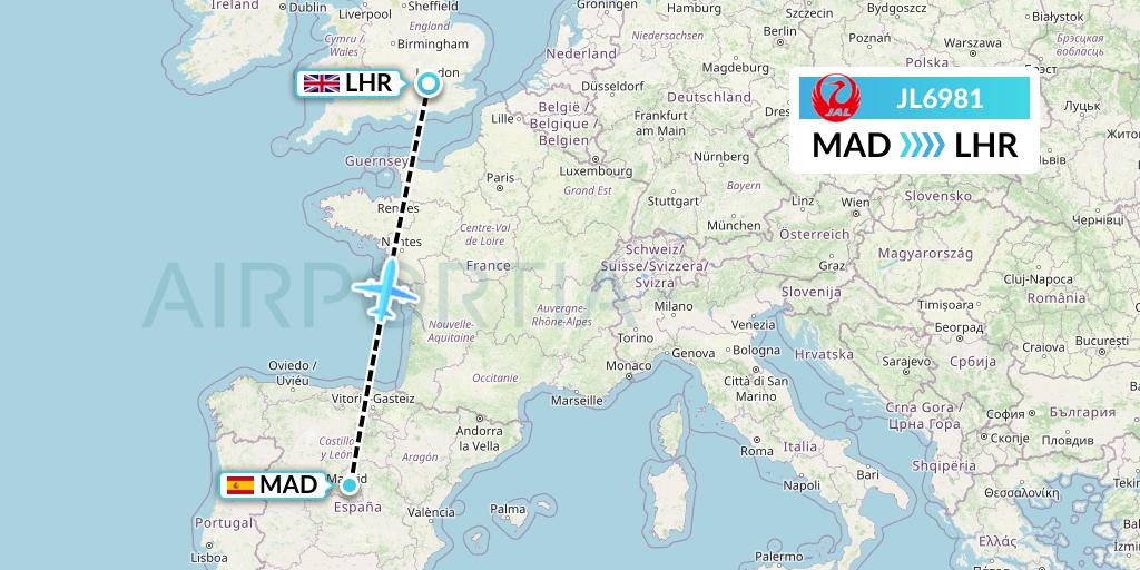 JL6981 Japan Airlines Flight Map: Madrid to London