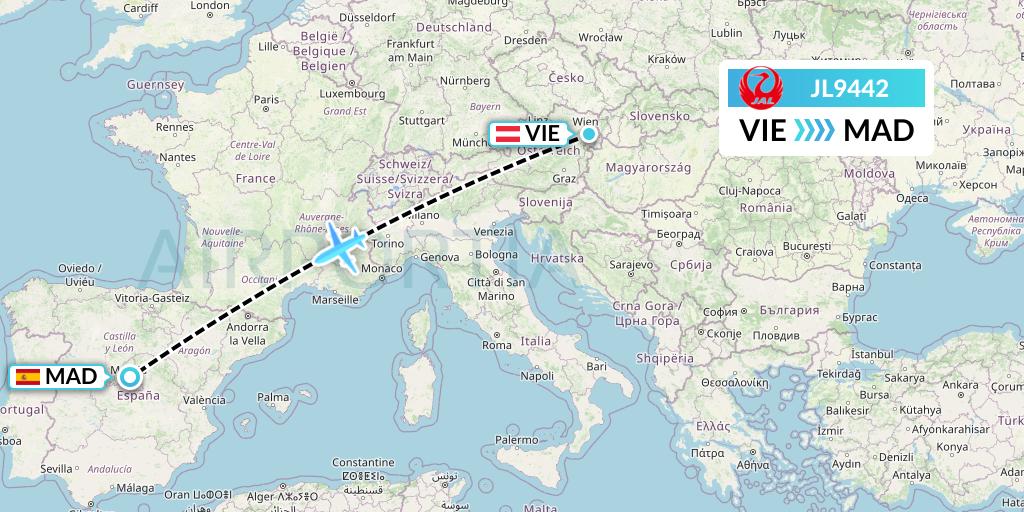 JL9442 Japan Airlines Flight Map: Vienna to Madrid