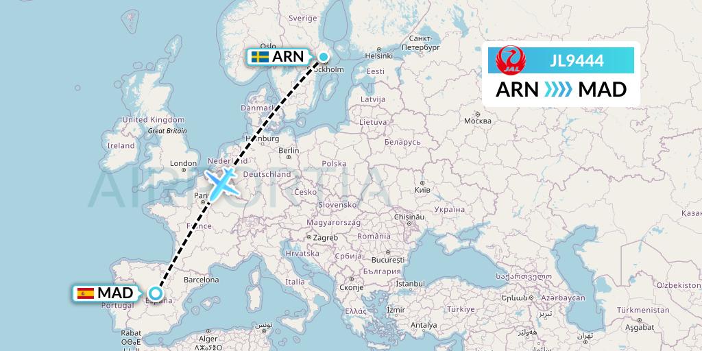 JL9444 Japan Airlines Flight Map: Stockholm to Madrid