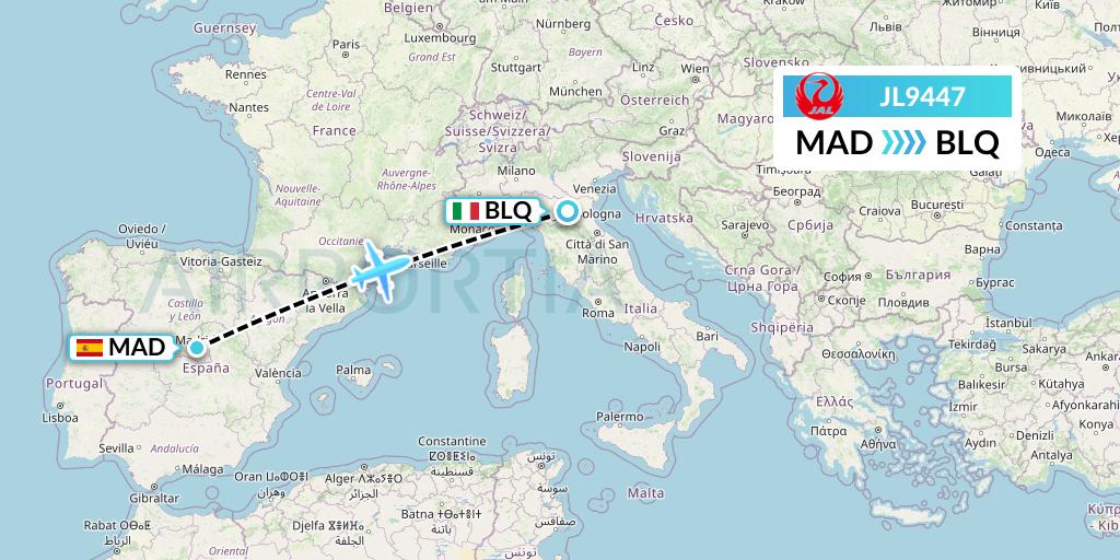 JL9447 Japan Airlines Flight Map: Madrid to Bologna